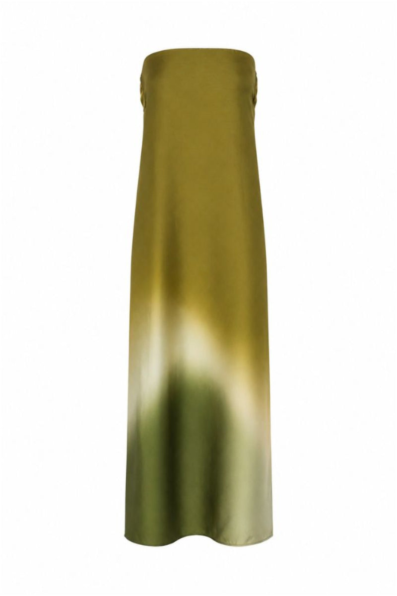 Baobab Lola maxi dress in Tramonto Verde with flowing fabric and vibrant green color, perfect for summer or casual wear.