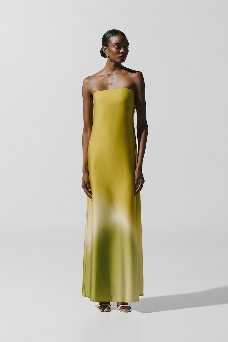 Baobab Lola maxi dress in Tramonto Verde with flowing fabric and floral pattern, perfect for summer occasions.