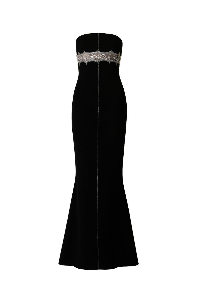 BLACK STRAIGHT LONG DRESS WITH INTRICATE BEADS