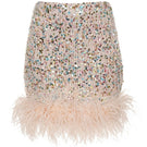 Lalo feather-trimmed mini skirt with bows in multi-color, showcasing a playful, stylish design with feather details and bow accents.