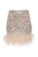 Lalo feather-trimmed mini skirt with bows in multi-color, showcasing a playful, stylish design with feather details and bow accents.