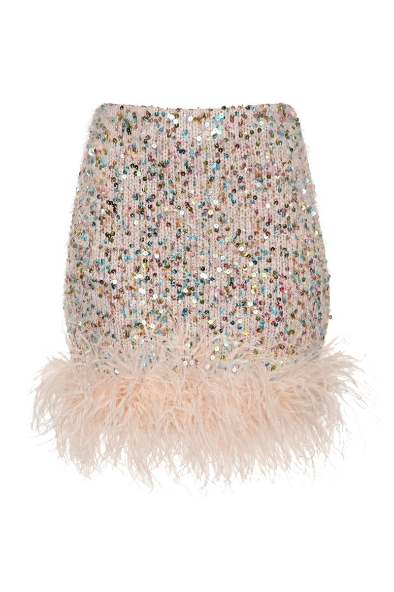 Lalo feather-trimmed mini skirt with bows in multi-color, showcasing a playful, stylish design with feather details and bow accents.
