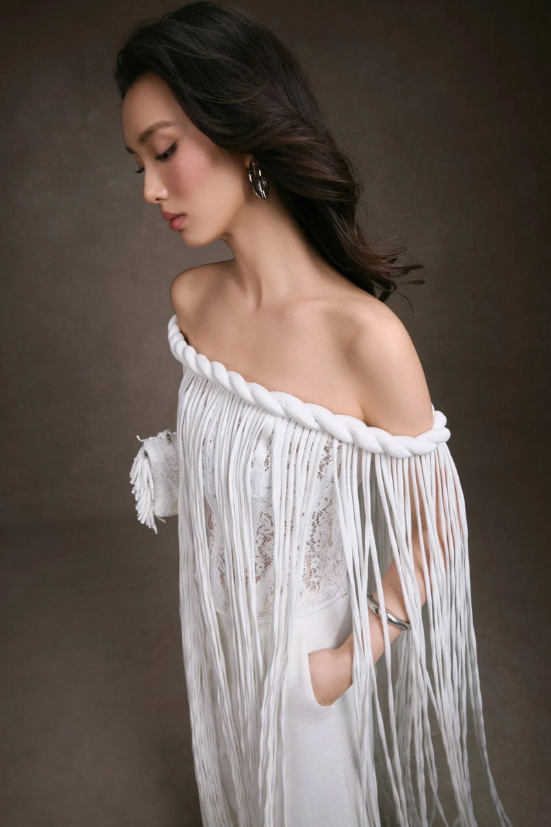 KEIRA TONG fringe lace corset top featuring intricate lace details and fringe accents, worn as a stylish women's tops.