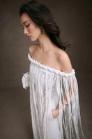 Keira Tong fringe lace corset top with intricate lace details and fringe accents, sleeveless design, stylish and elegant for trendy outfits.