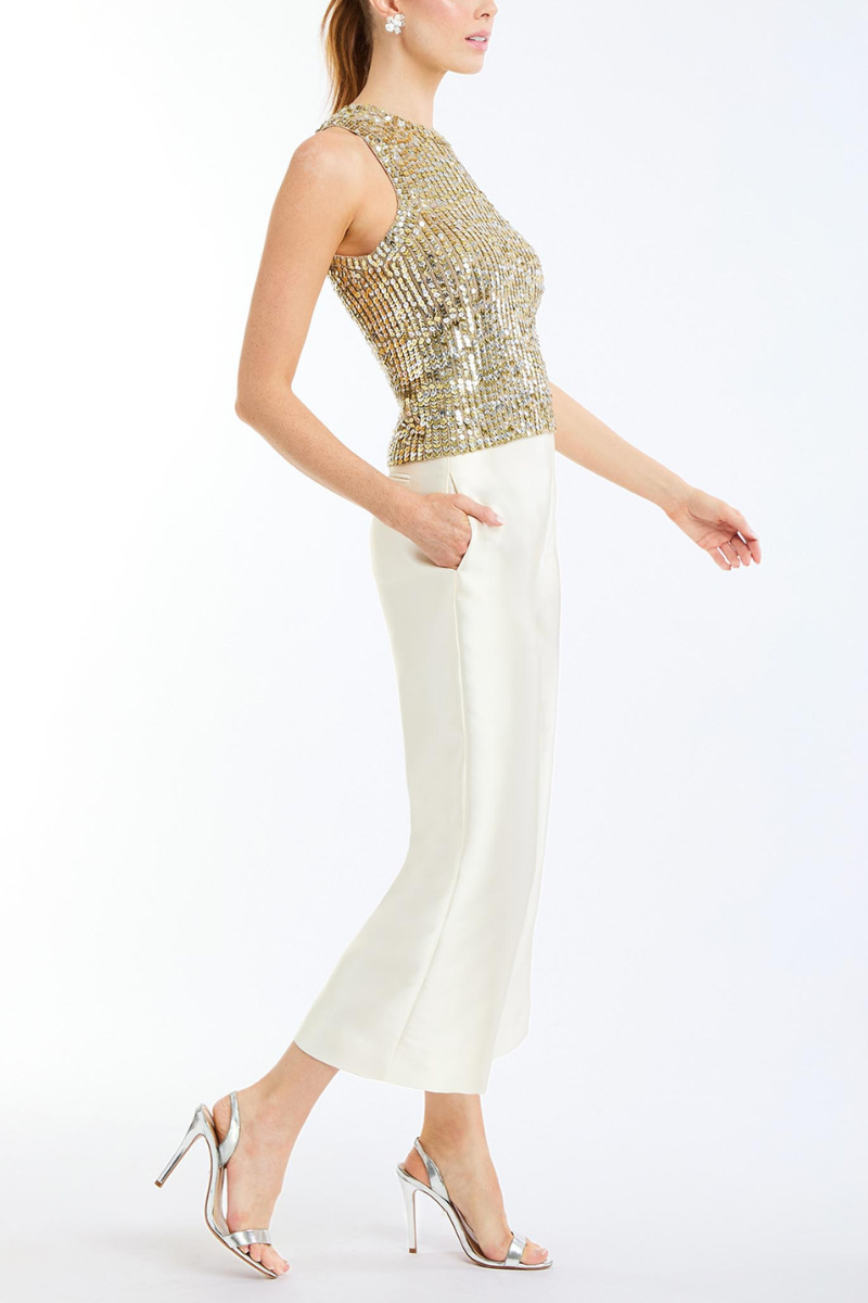 Mestiza New York Blake cropped pants in ivory, lightweight and stylish, shown on a model with a relaxed fit and cropped length.