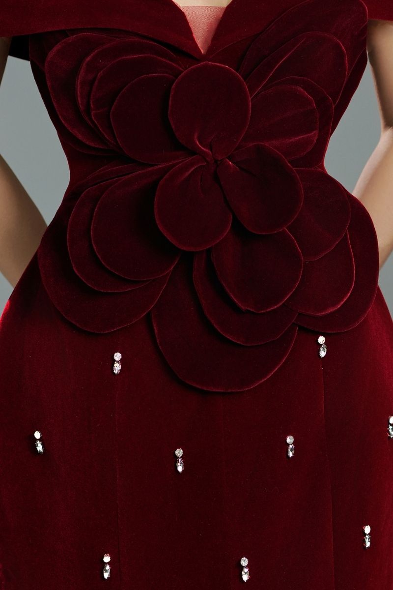Off-shoulder red velvet floral gown by Happy Clothing, elegant evening dress with a flowing silhouette and floral pattern.