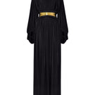 Black Sahara gown by LEDIEL featuring a flowing, elegant design with long sleeves and a fitted waist for formal occasions.