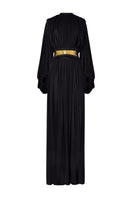 Black Sahara gown by LEDIEL featuring a flowing, elegant design with long sleeves and a fitted waist for formal occasions.