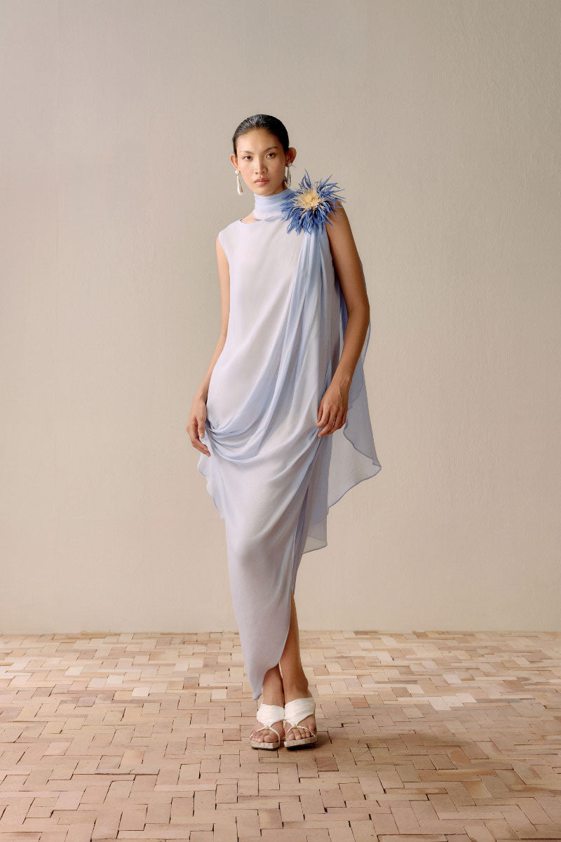 Sky blue flowy midi dress by LeCia featuring a relaxed fit and elegant lightweight fabric, perfect for summer or casual occasions.