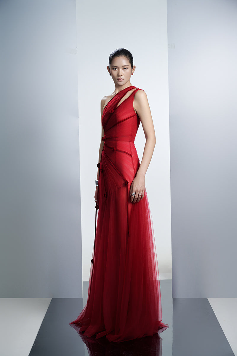 ONE-SHOULDER MESH MAXI DRESS WITH FLORAL IN RED - CULT MIA