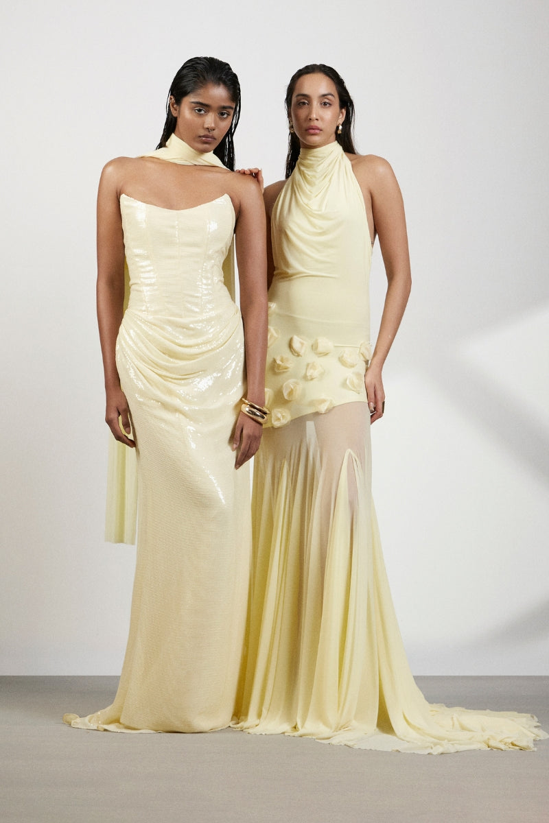 Deme By Gabriella Celeste Maxi Dress in flowing fabric with a fitted waist and elegant neckline, perfect for summer occasions.
