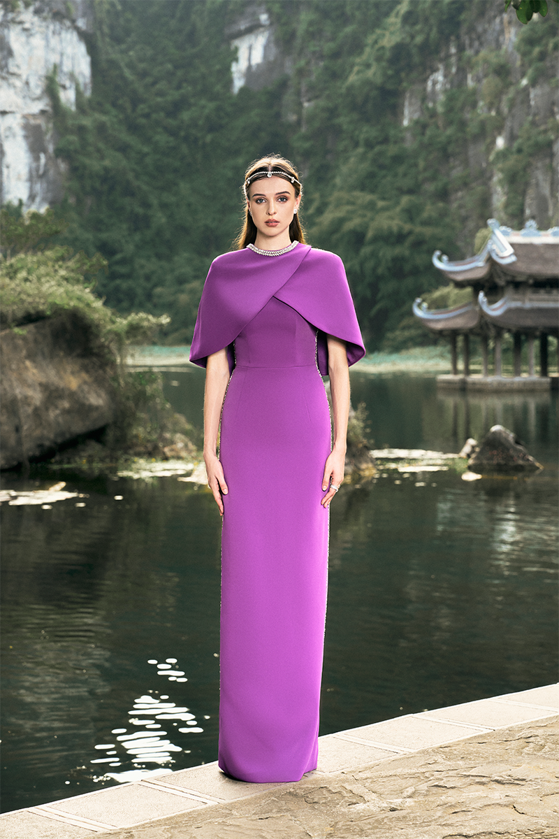 Elegant Tracy Studio gown with purple side stone embellishments and a straight silhouette, showcasing intricate detailing.