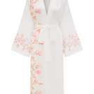 Bocan Couture Sakura long rayon printed robe displayed on a hanger with floral patterns and flowing fabric.