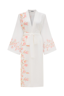 Bocan Couture Sakura long rayon printed robe displayed on a hanger with floral patterns and flowing fabric.