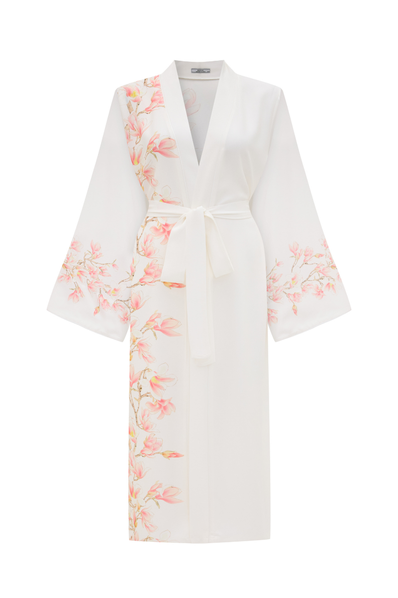 Bocan Couture Sakura long rayon printed robe displayed on a hanger with floral patterns and flowing fabric.