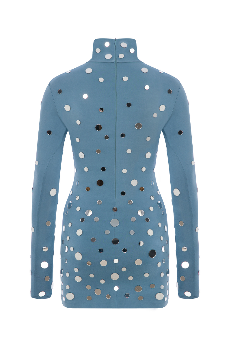 Sudi Etuz mirror-covered jersey mini dress with long sleeves and fitted silhouette, perfect for stylish evening wear.