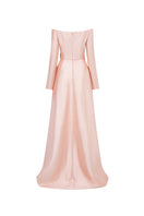 Elegant off-shoulder bamboo taffeta gown by Tracy Studio featuring a flowing design and sophisticated silhouette.