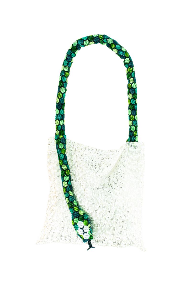 SERPENT BIG white silver shoulder bag with green tones by SAC DE SOUL, featuring a textured snake skin pattern and silver hardware.