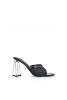 Black patent Fiorellini glass mules sandals by House of Atana with clear glass heel and sleek slip-on design.