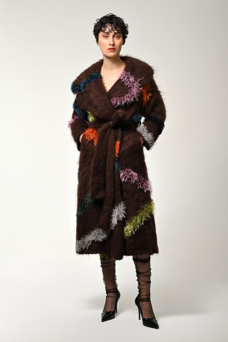 Lalo oversized coat with belt in multi-color design, featuring a relaxed fit and stylish details in the image.