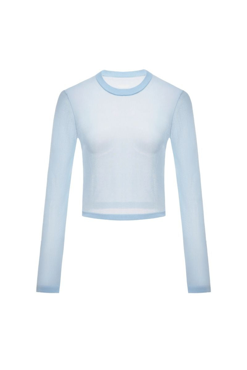 Montsand blue long-sleeves top, stylish casual shirt with fitted design and soft fabric, shown on a model.