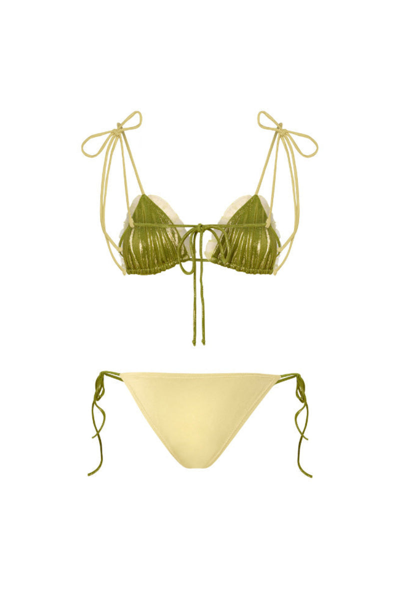 Reversible green and yellow bikini set by Suncillo, featuring a stylish two-tone design with adjustable straps.