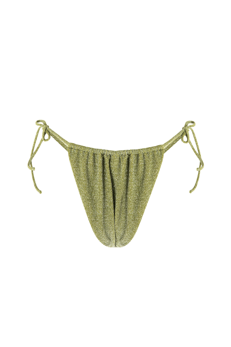 Suncillo Virna Sparkly Lime Green Bikini bottom with glittery fabric and sleek design, shown on a model.