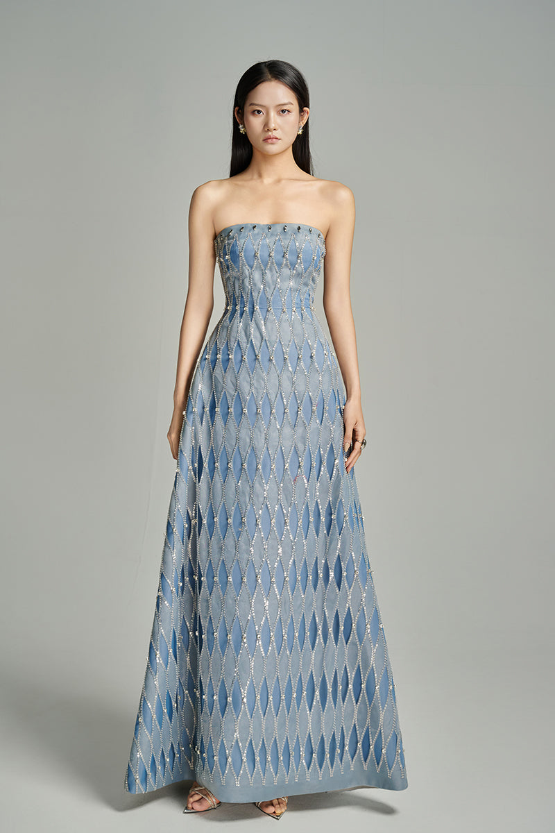CULT MIA X HAPPY CLOTHING STRAPLESS STONE DRESS WITH SCARF IN BLUE - CULT MIA