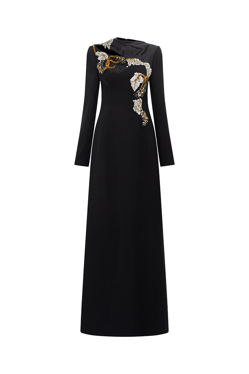 VELVET SATIN HIGH NECK GOWN IN BLACK