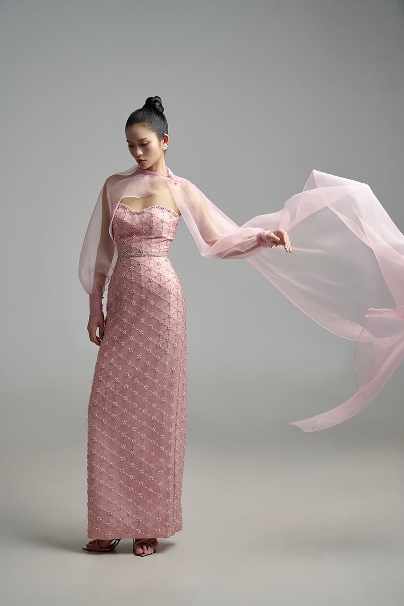 PEARL STRAIGHT LONG DRESS WITH SCARF DETAIL - CULT MIA