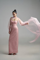 Elegant pearl-colored long gown with a scarf detail from Happy Clothing, featuring a sleek straight design and flowing fabric.