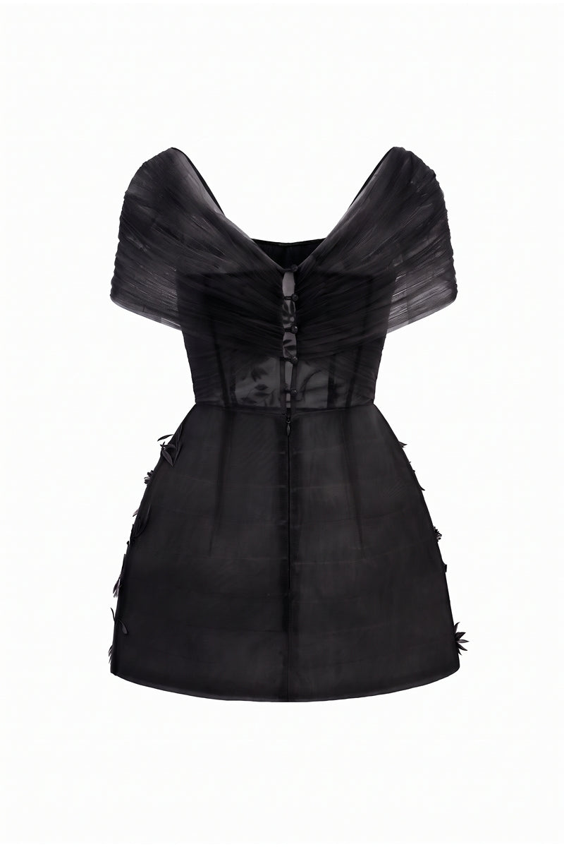 Black MIRABELLE tulle dress by 21Six, mini length with delicate sheer fabric and elegant design details.