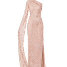 Raishma Abbey gown displayed on a model, featuring elegant design, flowing fabric, and intricate details for formal occasions.