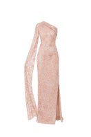 Raishma Abbey gown displayed on a model, featuring elegant design, flowing fabric, and intricate details for formal occasions.
