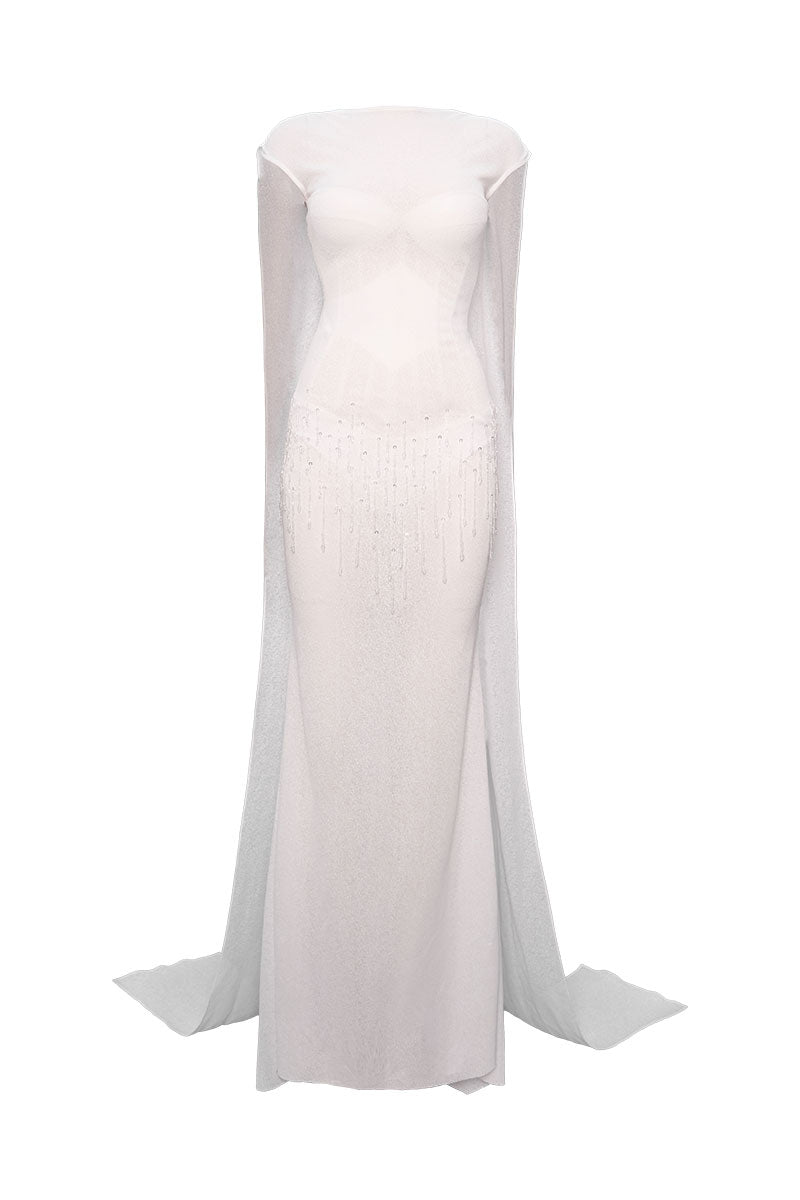 Do Long Starfall Whitw Cape maxi dress, long flowing dress with cape detail, in a light-colored fabric, stylish and elegant.