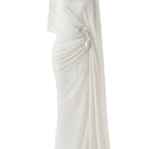 White Plan Ethereal Drape Gown featuring flowing fabric and elegant draping, perfect for formal occasions.