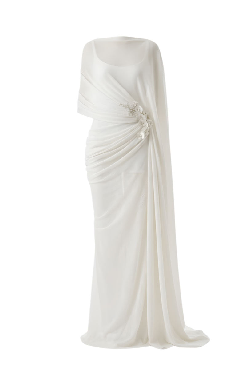 White Plan Ethereal Drape Gown with flowing fabric, elegant design, and soft draping for formal occasions.