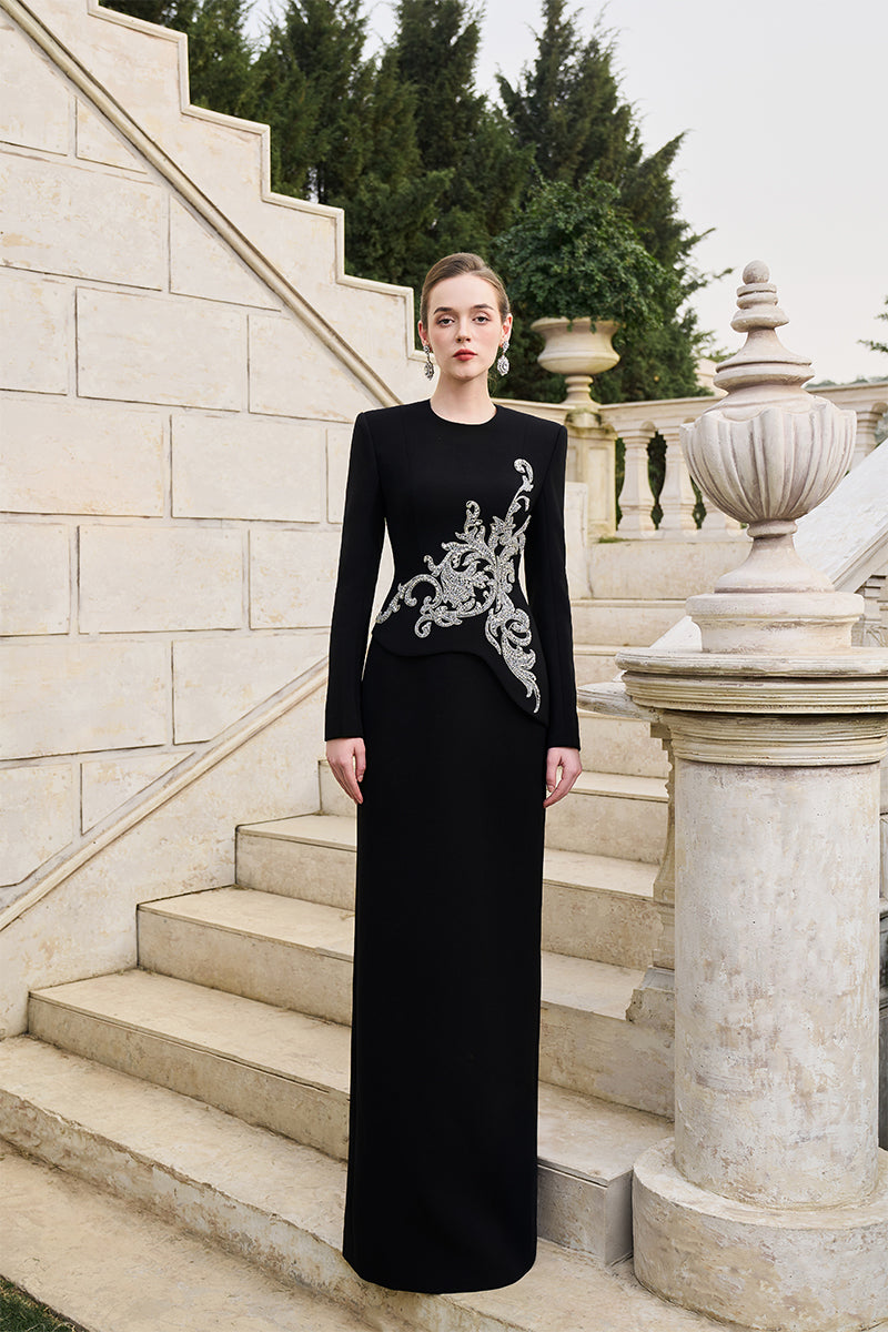 VELVET SATIN LONG SLEEVE GOWN IN BLACK