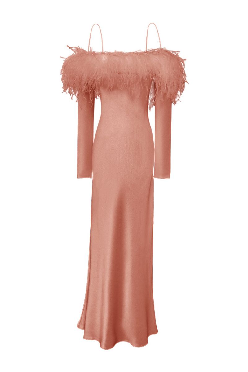 DIVA WOMEN'S FEATHER OFF-THE-SHOULDER DRESS IN CORAL
