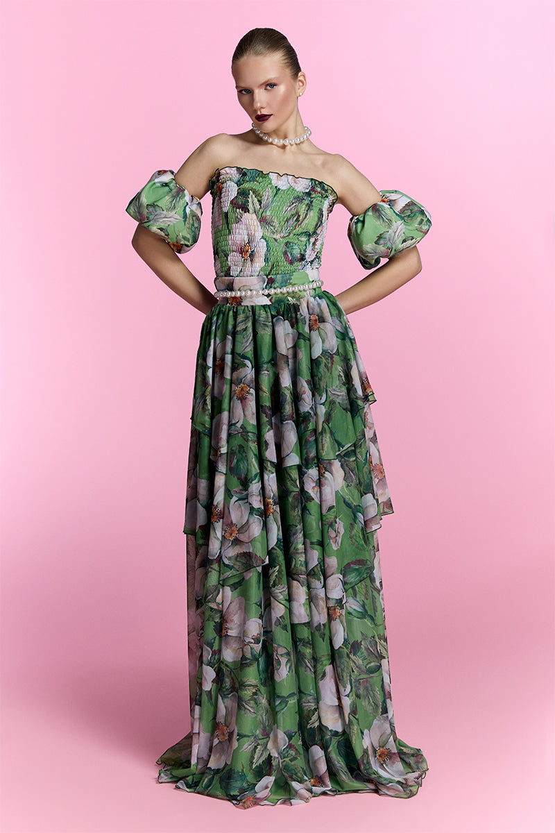 Nur Karaata Provence Poème gown, elegant floral gown with flowing fabric and intricate details, perfect for formal occasions.
