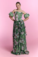 Nur Karaata Provence Poème gown, elegant flowy dress with floral patterns and delicate embroidery, perfect for special occasions.
