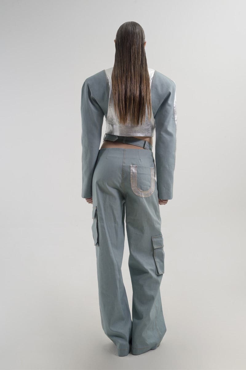 SILVER AND DENIM CROPPED HIGH-NECK BLAZER - CULT MIA