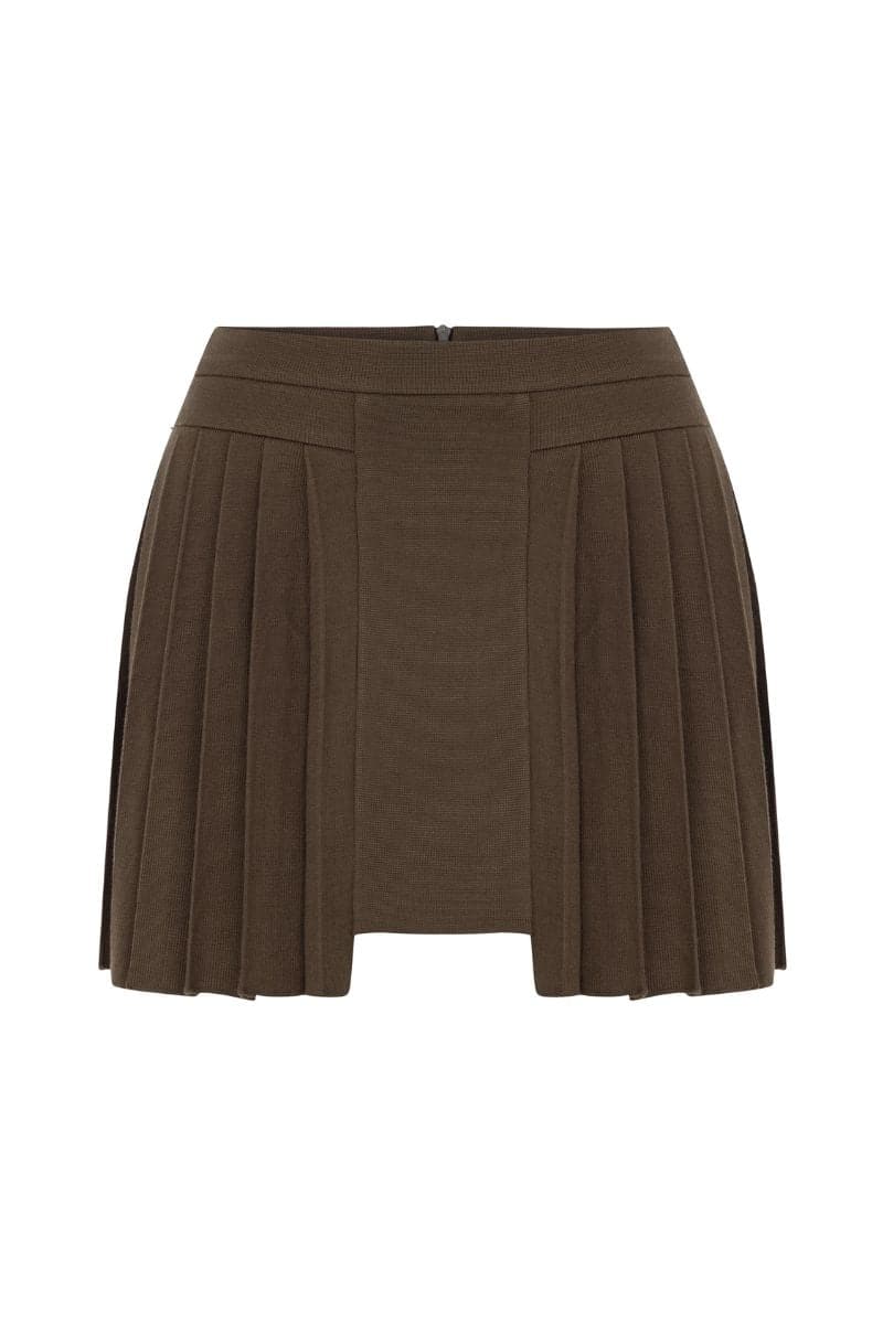 Labeca Athena cappuccino pleated mini skirt shown on a model, featuring a stylish, high-waisted design with pleats and a smooth fabric.