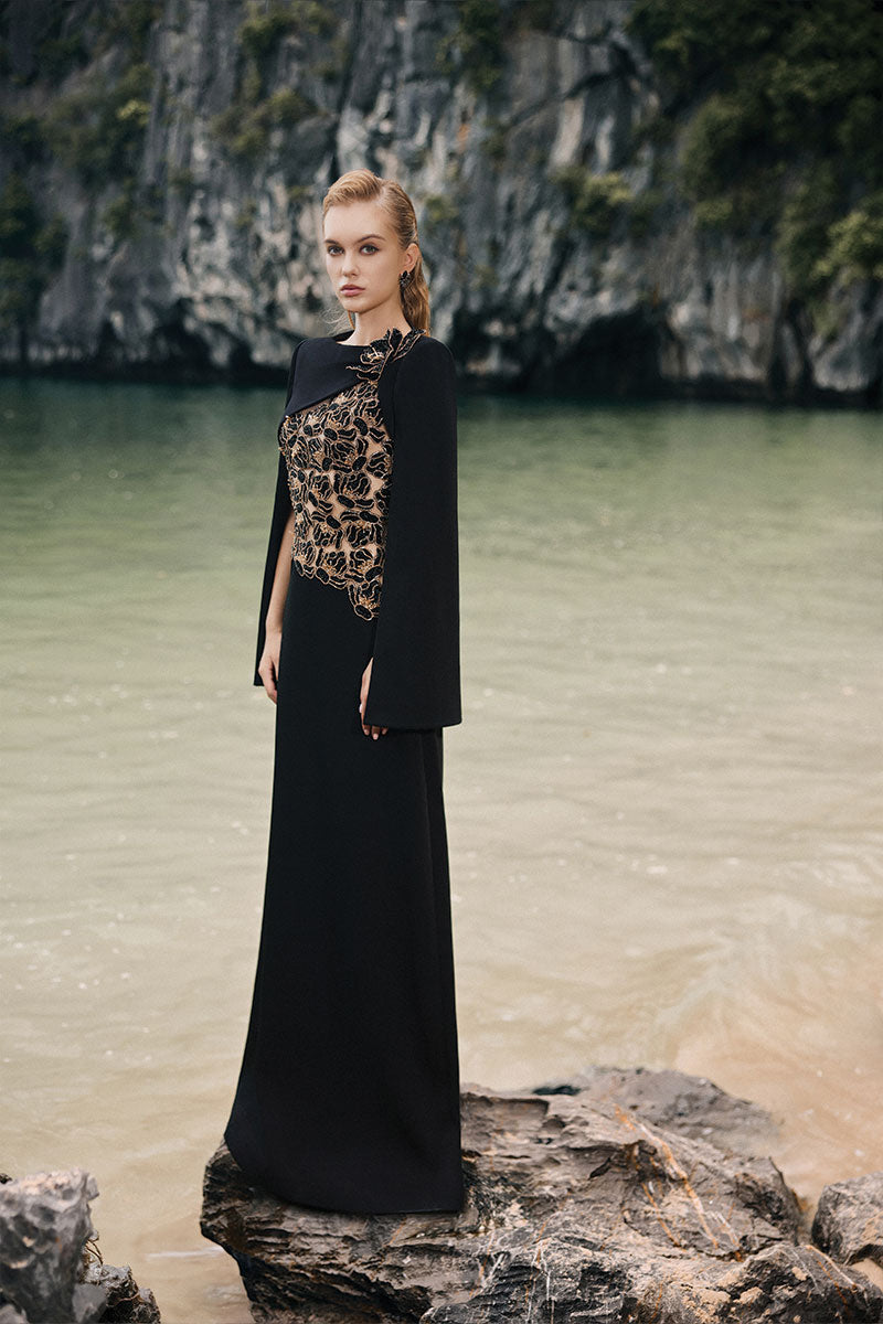 VELVET SATIN BOAT NECK DRESS IN BLACK VELVET SATIN BOAT NECK DRESS IN BLACK