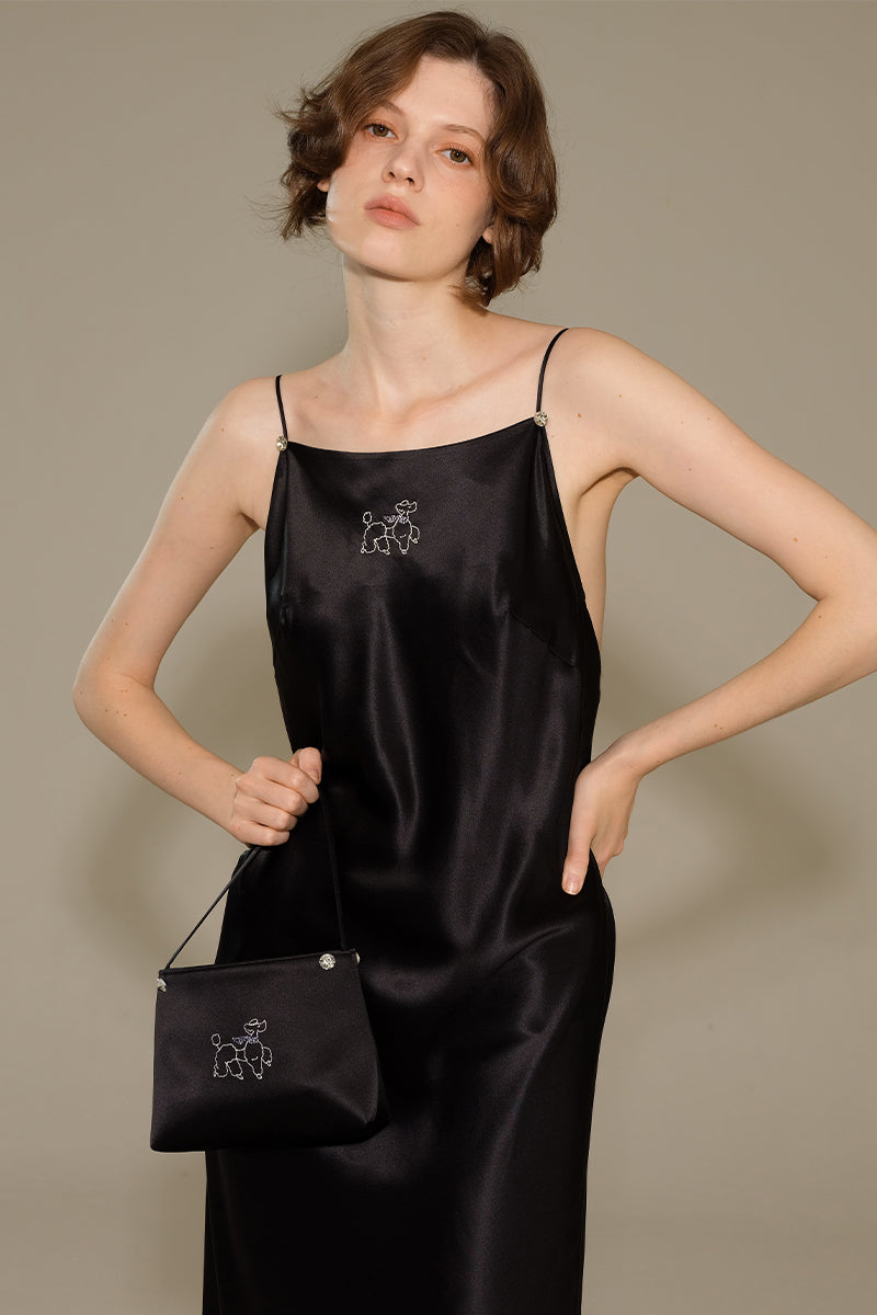 DIAMOND POODLES BLACK SILK SLIP DRESS - CULT MIA