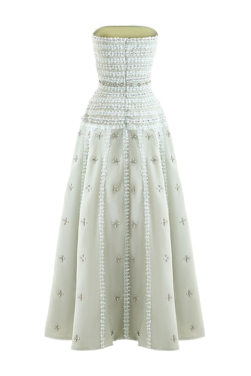 CULT MIA X HAPPY CLOTHING TERRY STRAPLESS STONE ORGANZA MAXI DRESS IN GRAY - CULT MIA