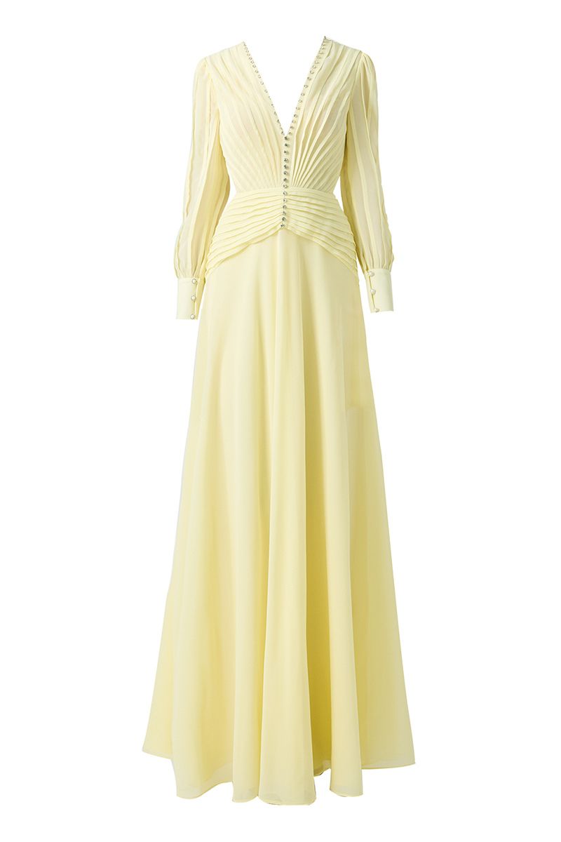 V-NECK LIGHT YELLOW FLOOR LENGTH DRESS - CULT MIA