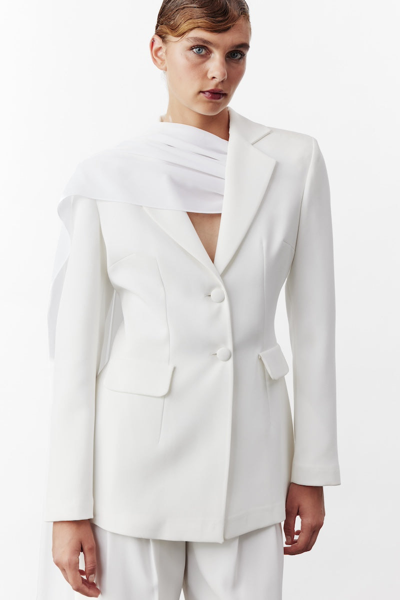 Nazlı Ceren Marylebone blazer with chiffon in white, tailored blazer featuring elegant chiffon accents and structured fit.