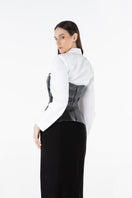 Lili Blanc Meridian Crystal Corset Top featuring sparkling crystals, fitted design, and stylish silhouette for a fashionable look.