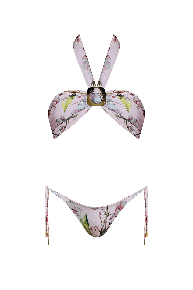 Nur Karaata Coastal Calm Bikini top with soft pastel colors and tropical print, featuring adjustable straps and flattering fit.